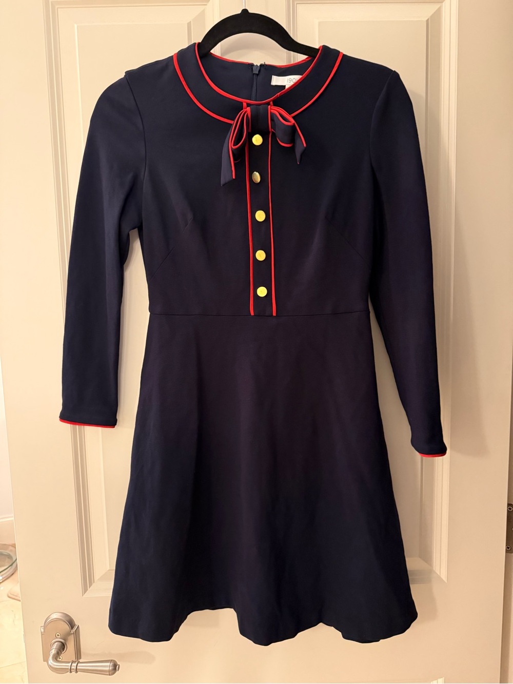 1901 Navy Mini Dress with Red Piping and Gold Buttons